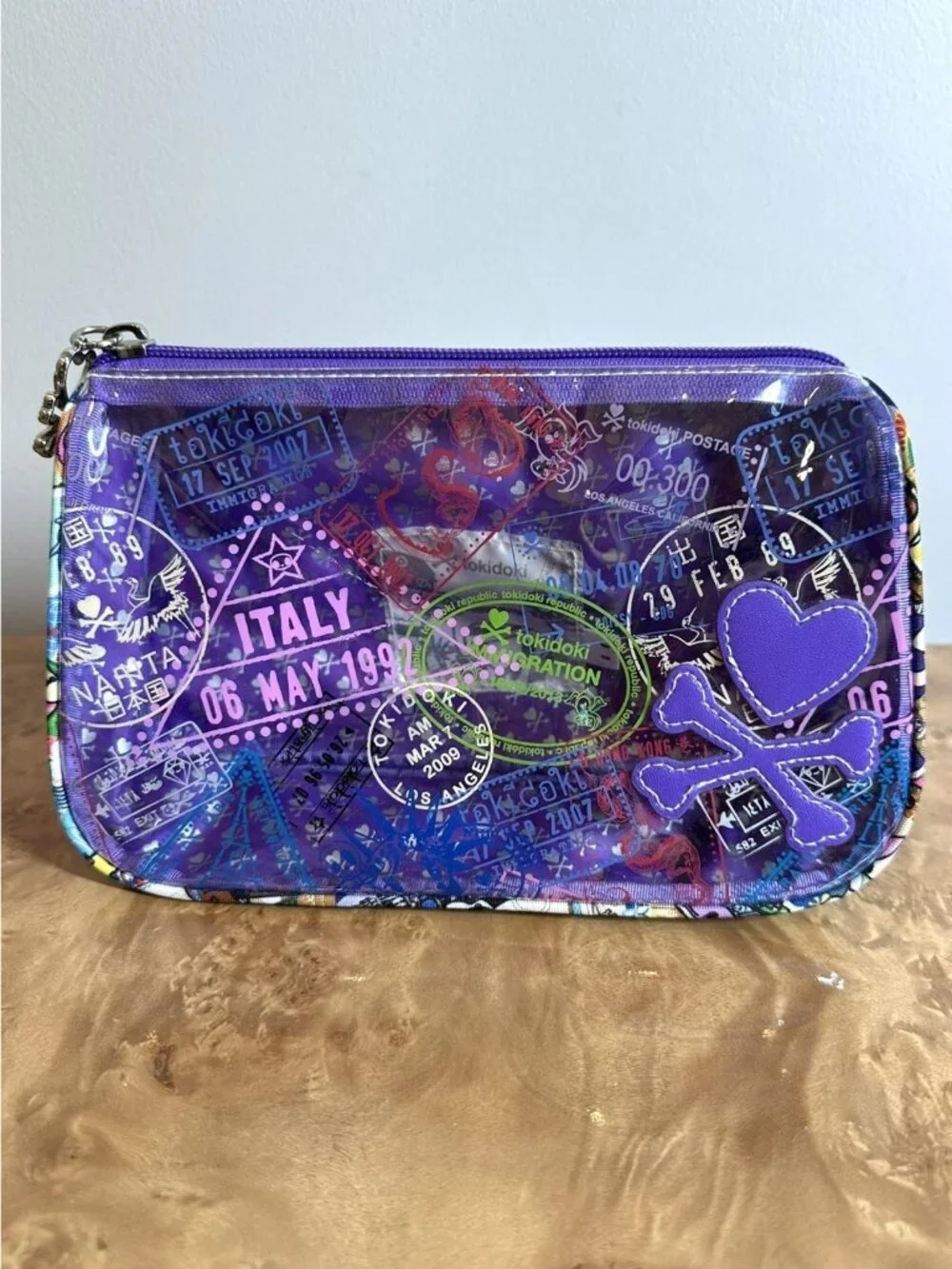 Tokidoki Trasporto Travel Print Purple PVC Cosmetic Makeup Bag Train Case Pouch